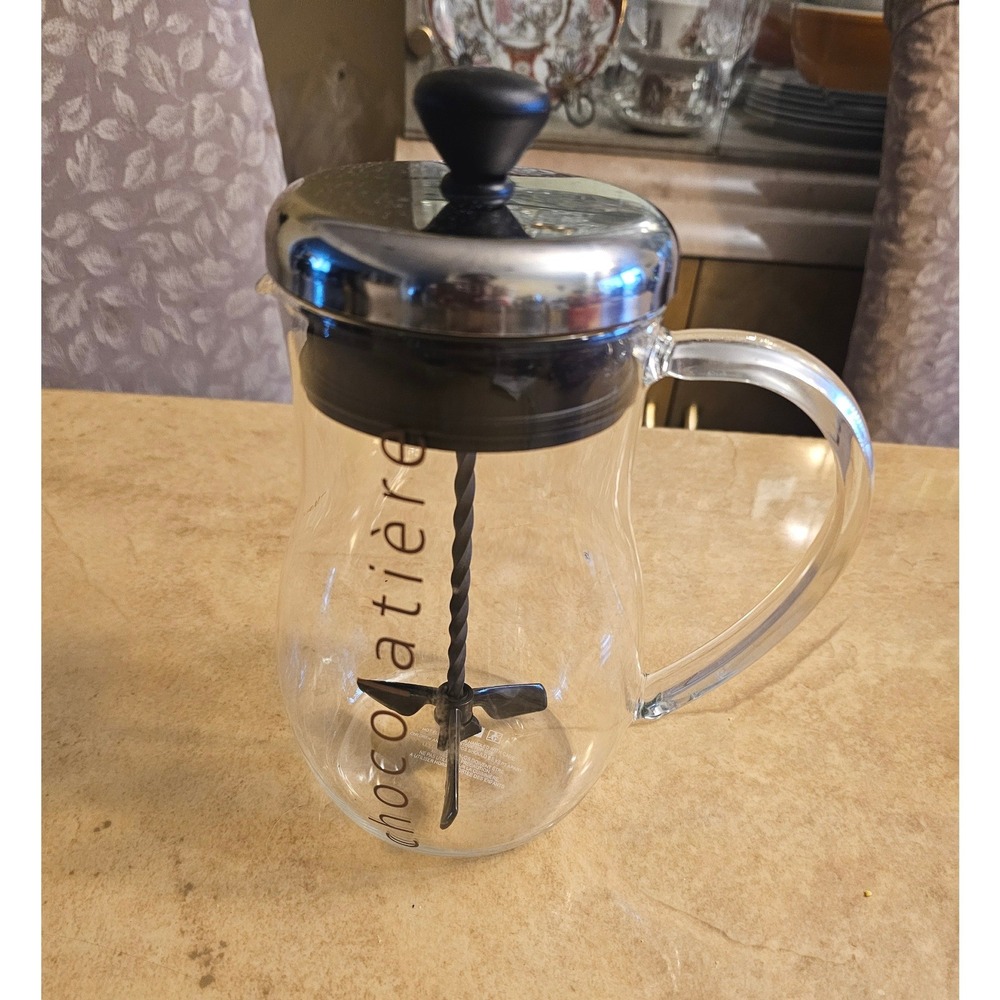 Bodum Chocolatiere Glass Hot Chocolate Maker Manual Milk Frother 1L Silver Black